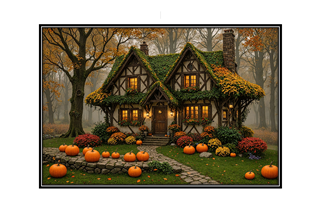 autumn cottage with pumpkins